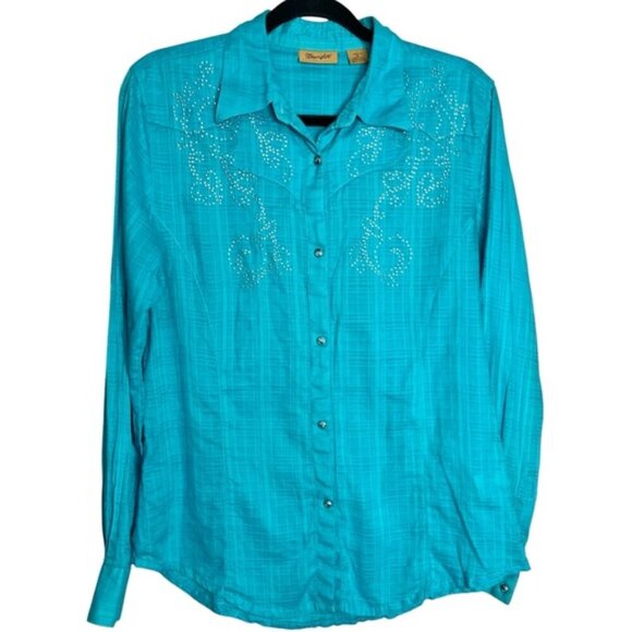 Wrangler Cowgirl Blue Pearl Snap Button Rhinestone Cotton Long Sleeve Shirt M - Picture 1 of 9